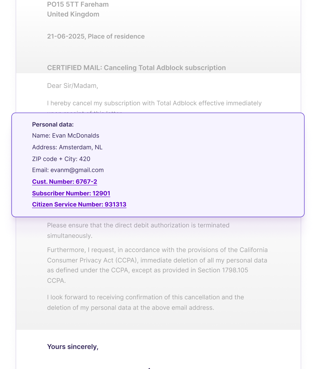 Letter with auto-populated fields
